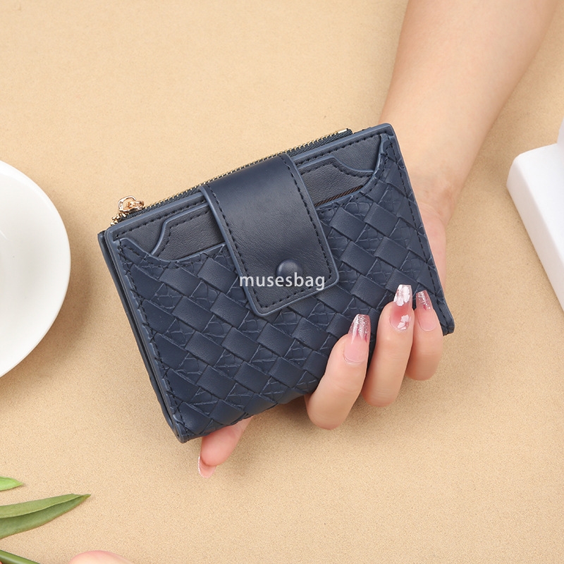 Fashionable Women's High Quality Short Wallet with Woven Pattern and Multiple Card Positions PU Leather Solid Color Simple Large Capacity Change 