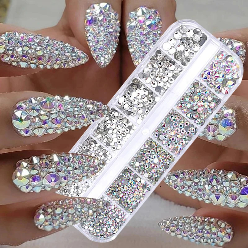 Nail Art Water Diamond 6/12 Grid Box Nail Beads AB Crystal Flat Back Pearl Gemstone with Storage Manager Used for Nail Decoration 240625