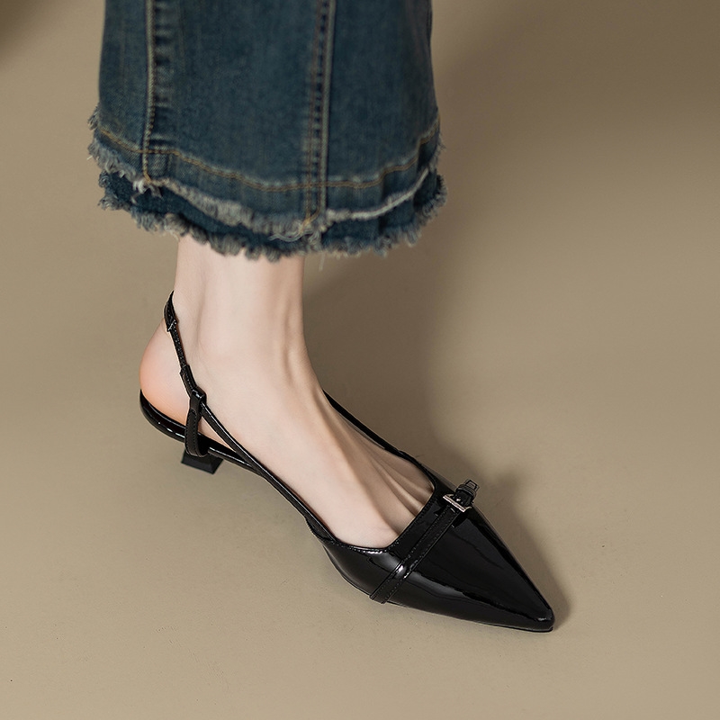 Thin heel women's pointed toe patent leather new hollow back sandals versatile retro 2024 summer French toe sandals red
