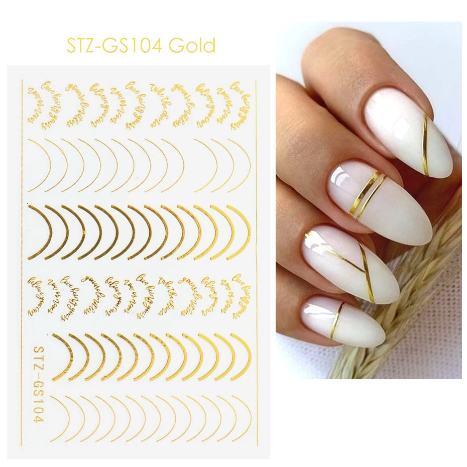 Three 3D simple line nail stickers Rose gold metal strip letter decal curve gel nail art slider polishing hand decorative foil 240625