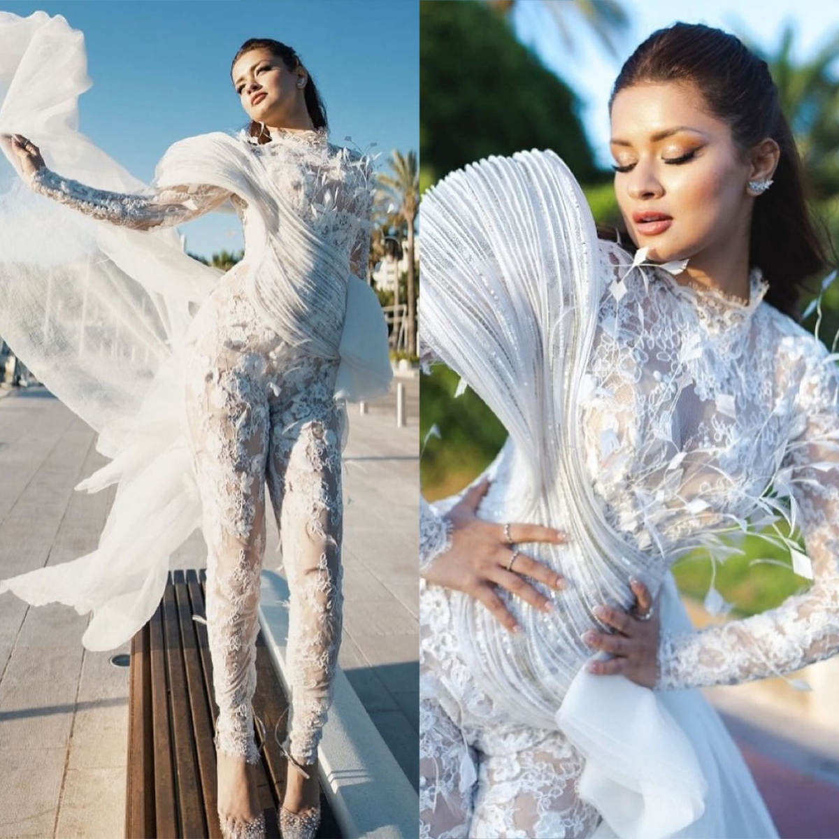 Sexy Ball Gown Jumpsuit 3D-Lace Prom Dress Women Shine ILLUSION Fit Evening Dresses Party Grown Side Tail Vestidos De Novia Customized L24931