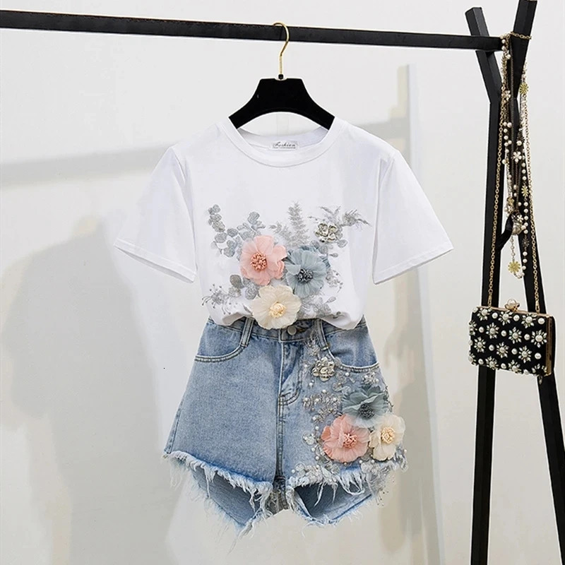 Fashion Cotton TShirt Tops Short Jeans 2 Pieces Sets Summer Womens Denim Pants Outfits 3D Flowers Beading Suits 240618