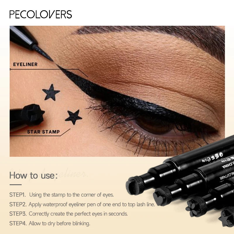 1pcs Black Eyeliner Pen Waterproof Not Blooming Long-lasting Eye Pencil Double Head Moon Star Heart Flower Liquid Eyeliner Pen 240625