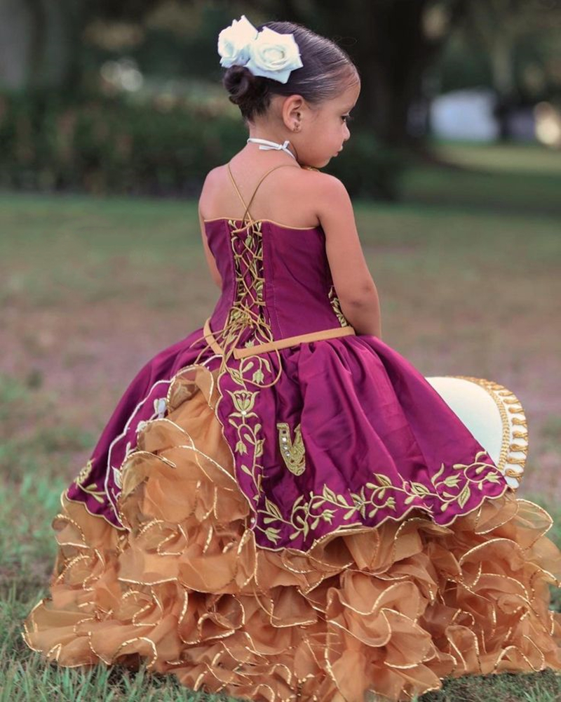 Cute Embroidery Flower Girls Dresses With Short Jacket Ruffle Tiered Ball Gown Prom Birthday Dress Floor Length Brown And Bungudy Toddler Kids Formal 