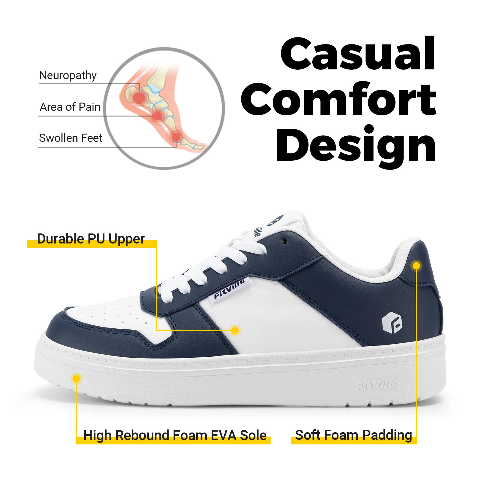 FitVille Wide Mens Flat Sneakers Casual Shoes Lightweight Breathable Walking for Swollen Feet Dayily Gym Vulcanized Shoes 240626