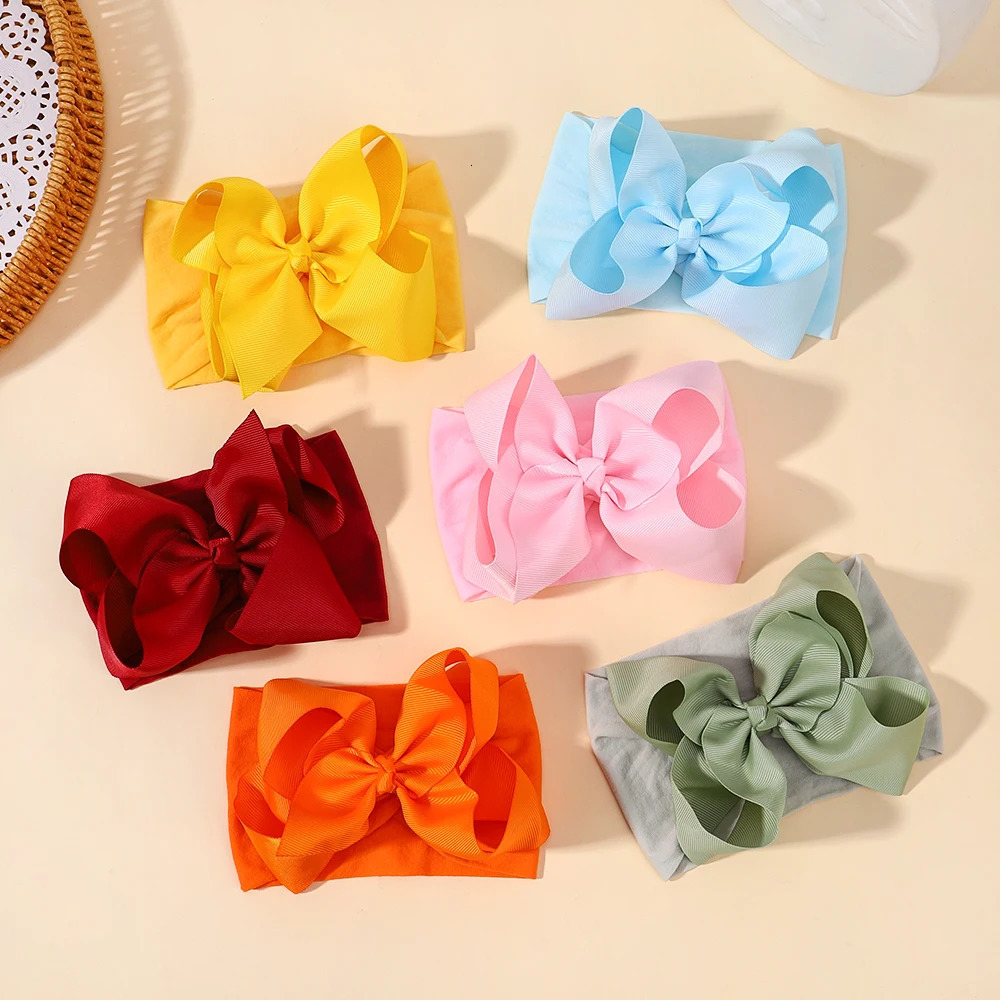 born Wide Nylon Turban Girls Big Bows Hair Accessories Child Headband Elastic Bands Ribbon Kids Baby Headwear 1pcs 240625