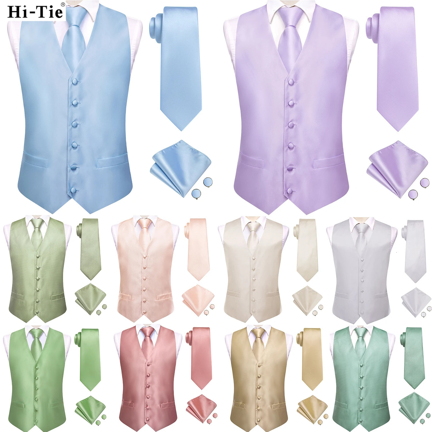 Hi-Tie Solid Voilet Lilac Silk Mens Suit Vest 4PC Woven Waistcoat Tie Pocket Square Cufflink Business Wedding Dress Waist Jacket 240615