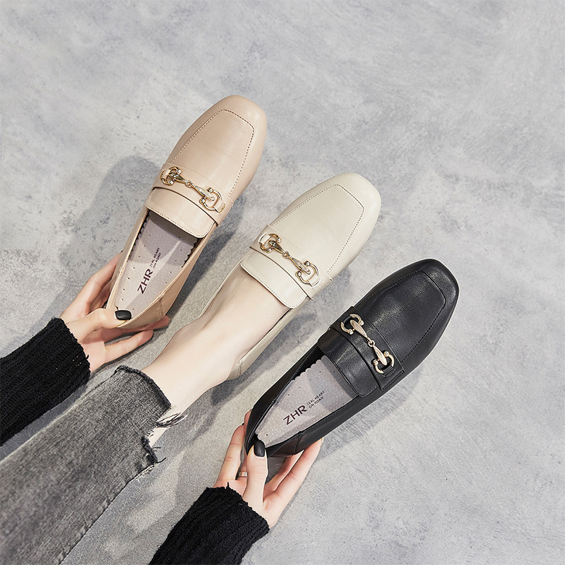 2024 spring and autumn new for women casual hundred square head leather lazy shoes thick heel work loafers
