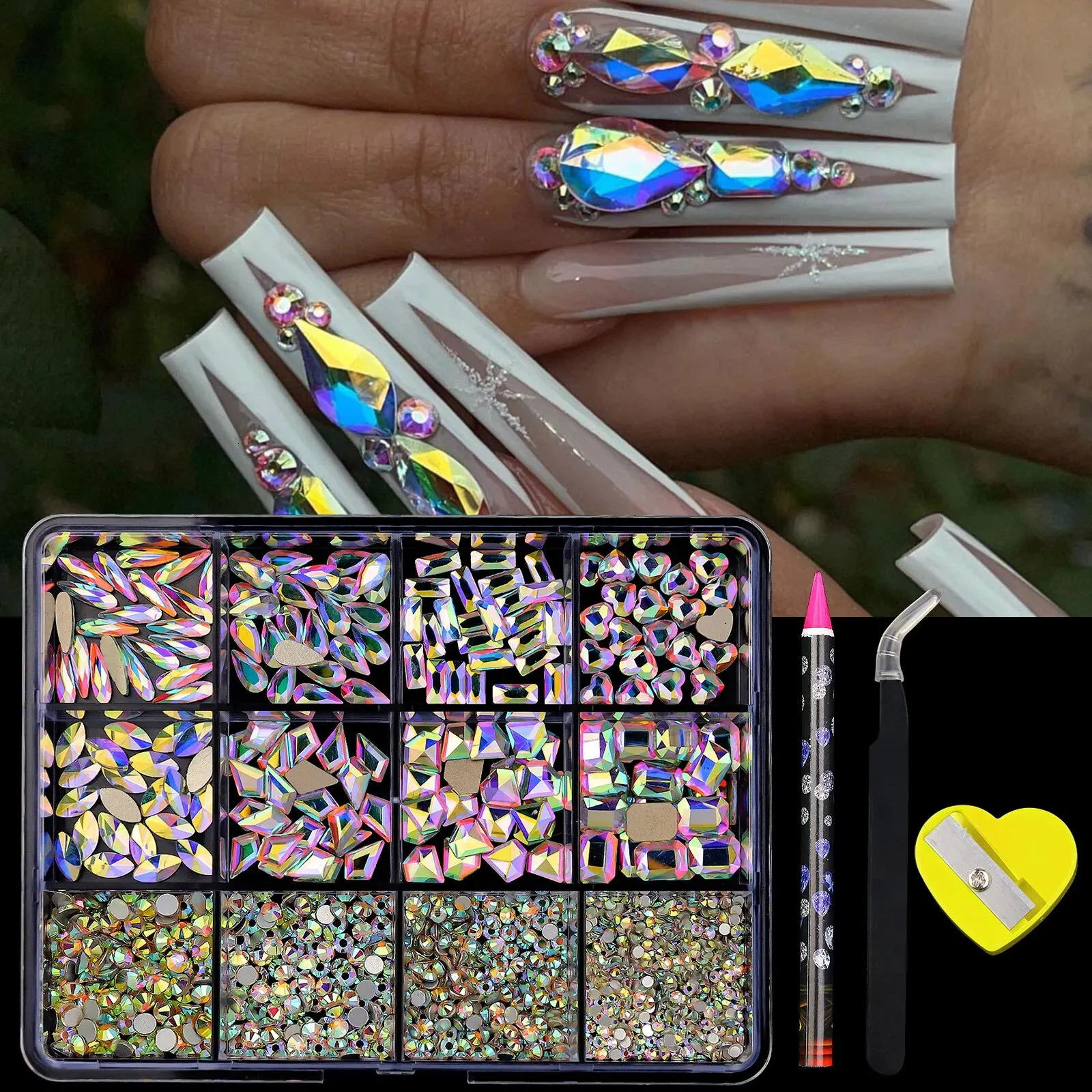 12 Grid 3D Nail Alloy Gem Water Diamond Jewelry Charm Heart Crystal Gem Nail Processing Accessories Nail Ar 240625