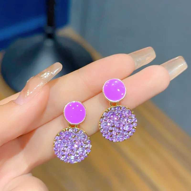 Charm Trendy Purple Rhinestones Drop Earrings for Women Enamel Oil Geometry Metal Round Dangle Earrings Party Jewelry Wholesale Gift