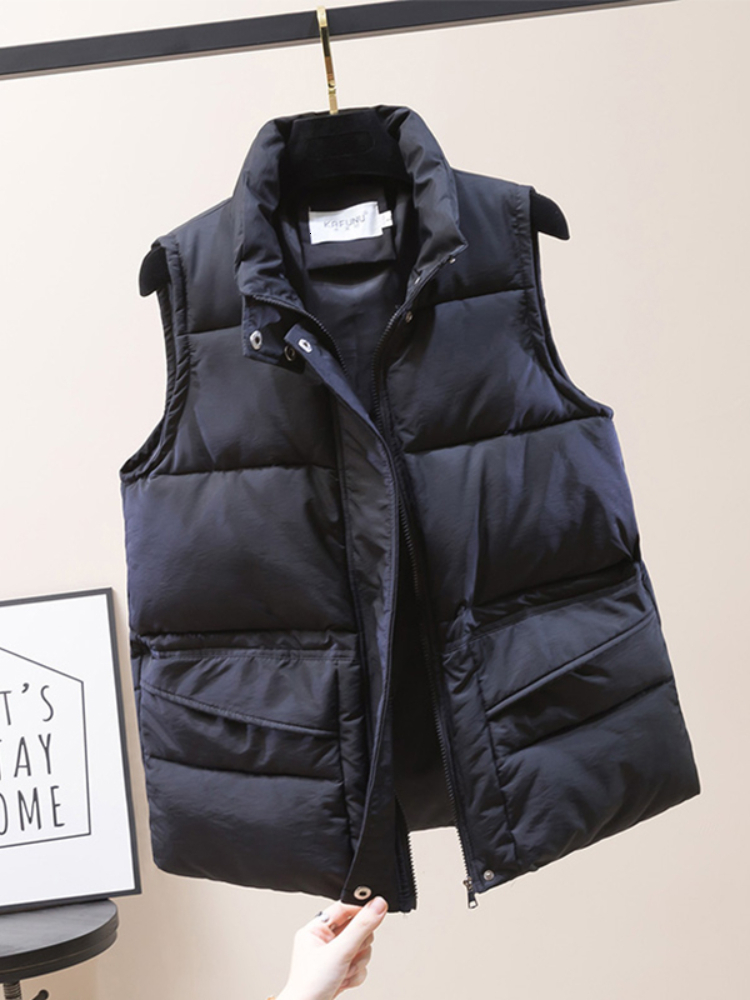 Solid Short Style for Women Cotton Padded Women's Winter Sleeveless Jacket with Zipper Stand Collar Casual Vest Coats F6.26#52
