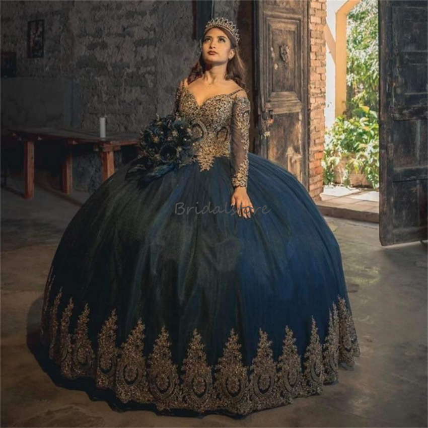Princess Navy Blue Quinceanera Dresses With Gold Appliques Long Sleeve Corset Vestido De Xv Anos Ball Gown Sixteen Birthday Elegant Floor Length Tulle