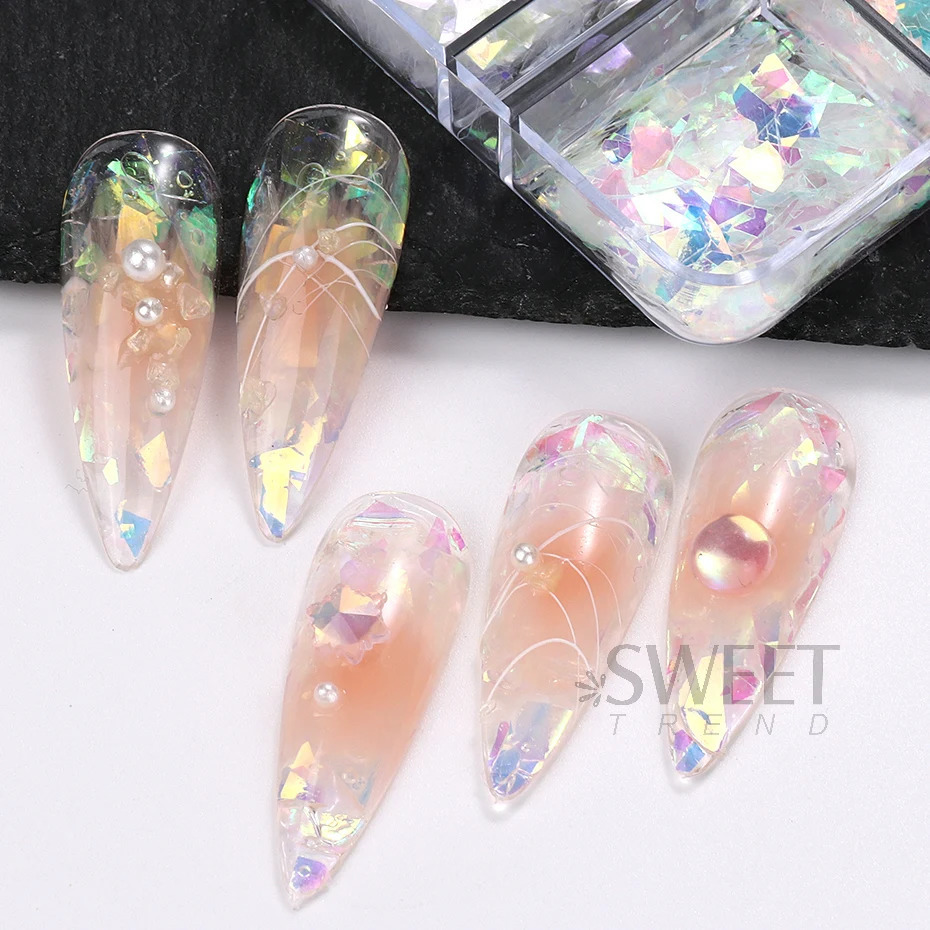 6 Grids AB Iridescent Nail Glitter Flakes Irregular Aurora Sparkle Sequin Crystal Glass Fairy Paillette DIY Manicure Decor Slice 240625