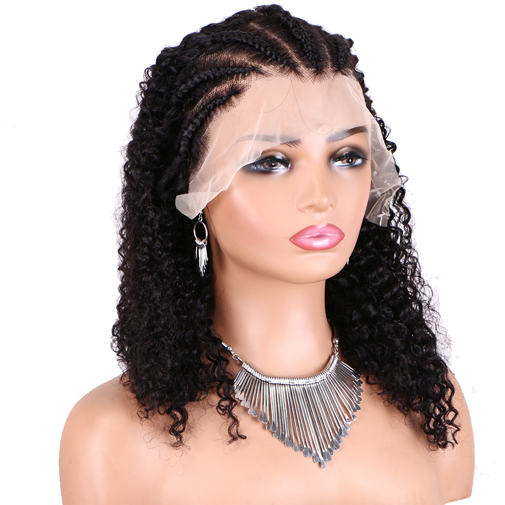 180% Density Front Lace Curly Human Lace Headband 13X4 African Women Braided Long Hair Wig Black Adhesive Free Wig