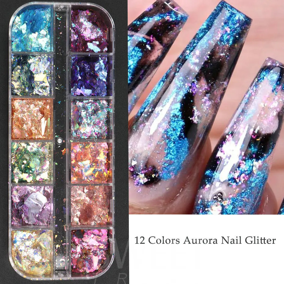 12Grid Aurora Ice Crystal Opal Powder Nail Glitter Iridescent Dust Charm Nail Flakes Slice Sparkly Brocade Sequin Manicure BEYFH 240625