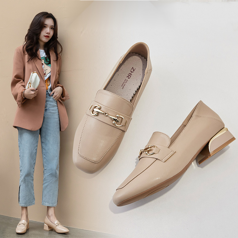 2024 spring and autumn new for women casual hundred square head leather lazy shoes thick heel work loafers