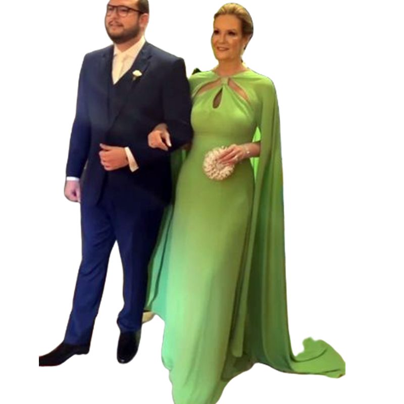 Elegant Long Chiffon Mother Of The Bride Dresses With Cape Open Back Floor Length Simple Wedding Guest Gowns Women Green Evening Formal Wear