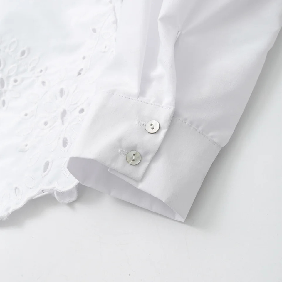 Womens shirt with hollowed out embroidery fashionable and versatile short single breasted long sleeved top 240625