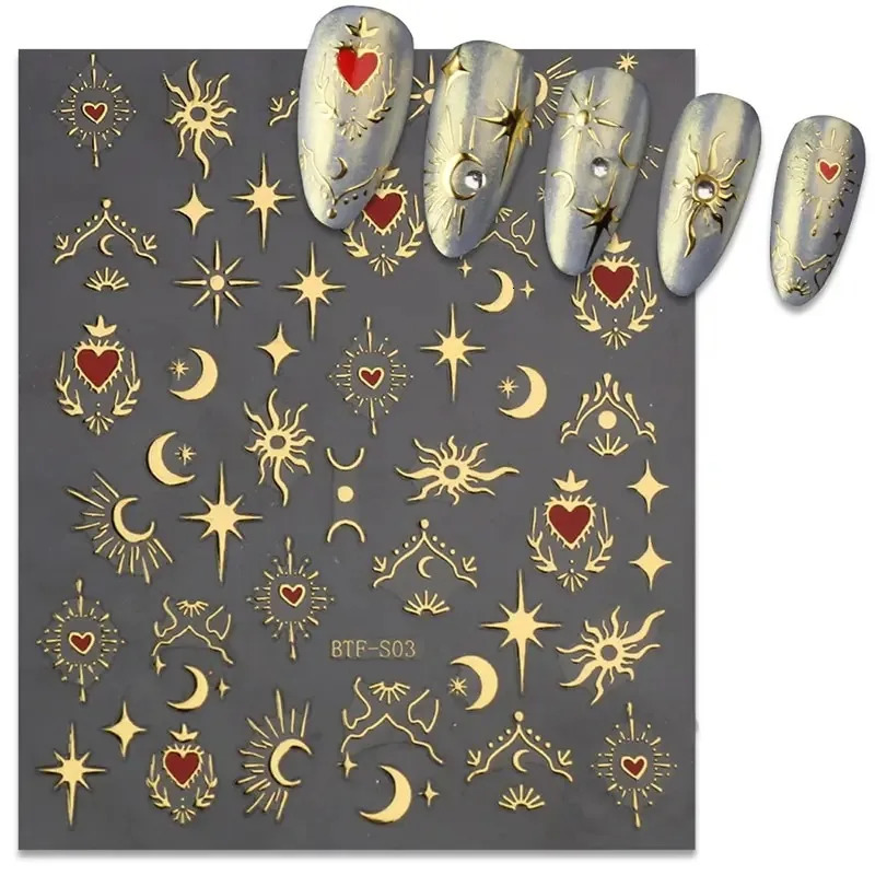 3 3D stickers for nails gold and silver roses gold laser butterfly moon sun adhesive slider DIY nail art sticker accessories 240625
