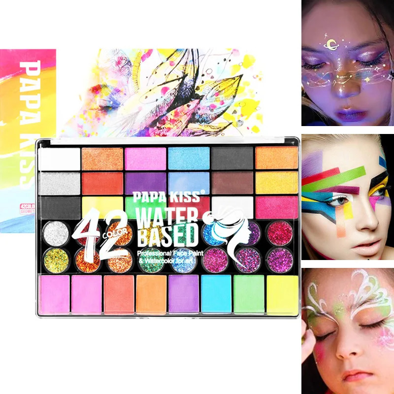 42 Colors Face Body Paint Pigment Professional Glitter and Glow Washable Makeup Tool in Night Palette for Festival Cosplay Party 240626