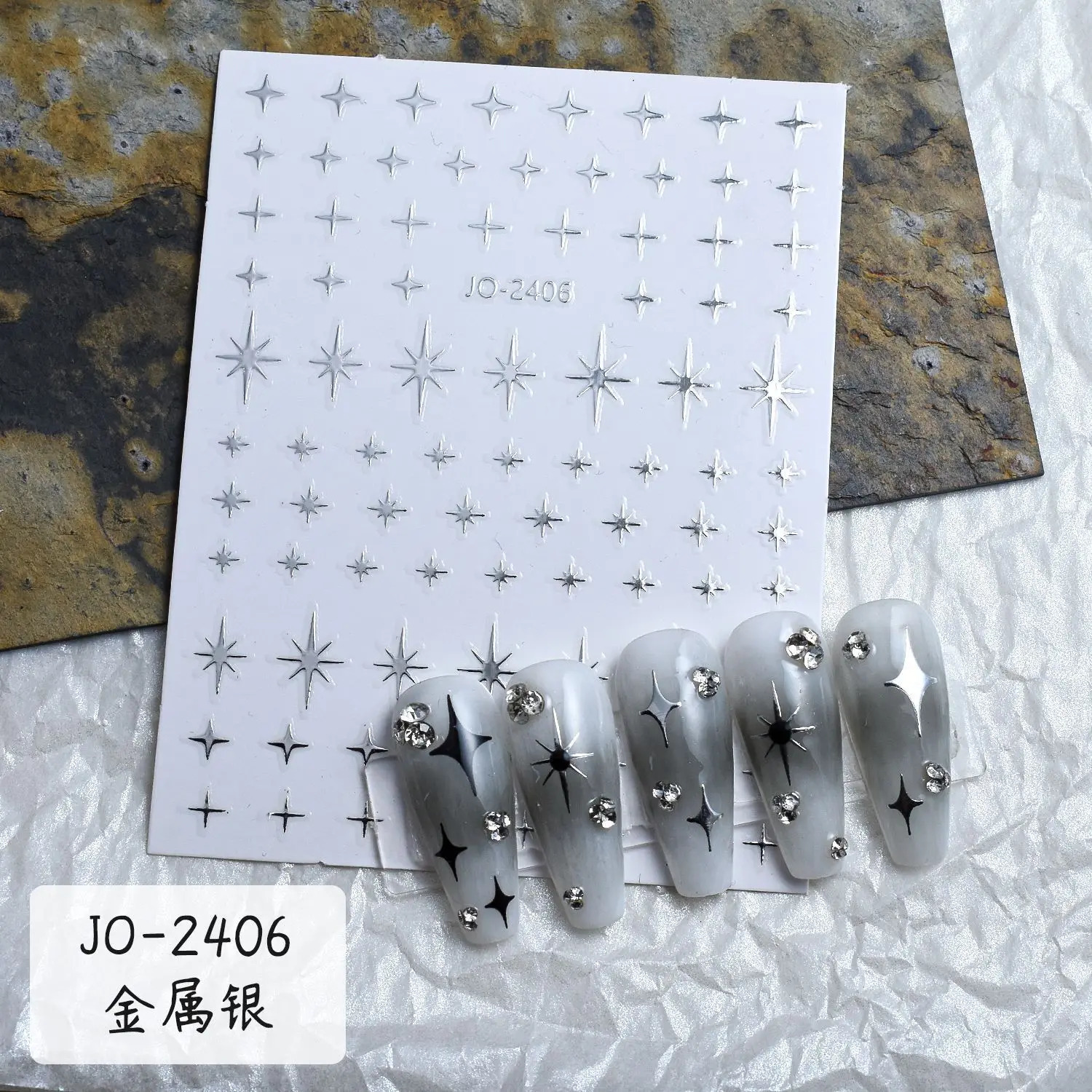 6 pieces/set of 3D silver metal mirror star shaped nail art stickers Y2K heart-shaped star and moon adhesive stickers240625