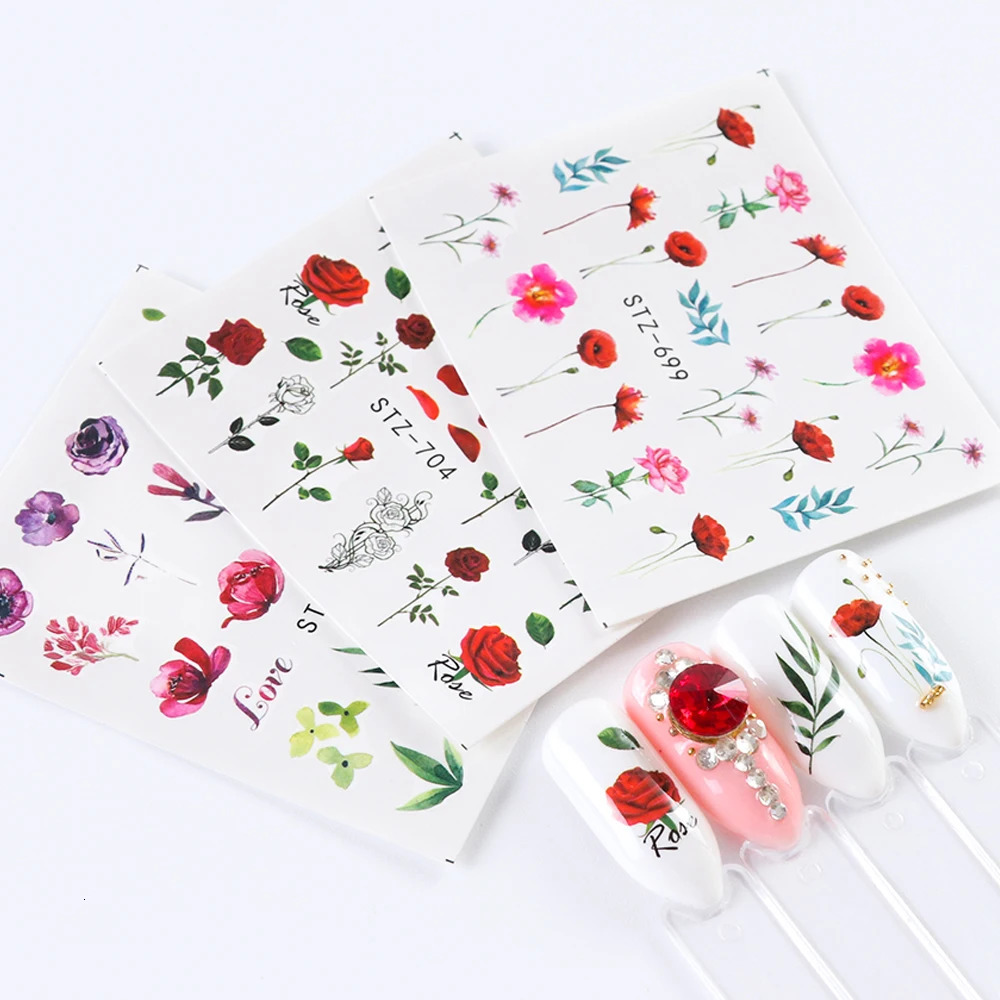 24 sheets/set of spring nail polish stickers flower and leaf graffiti sliders summer flowering colored plant patterns 3D ergonomic stickers 240625