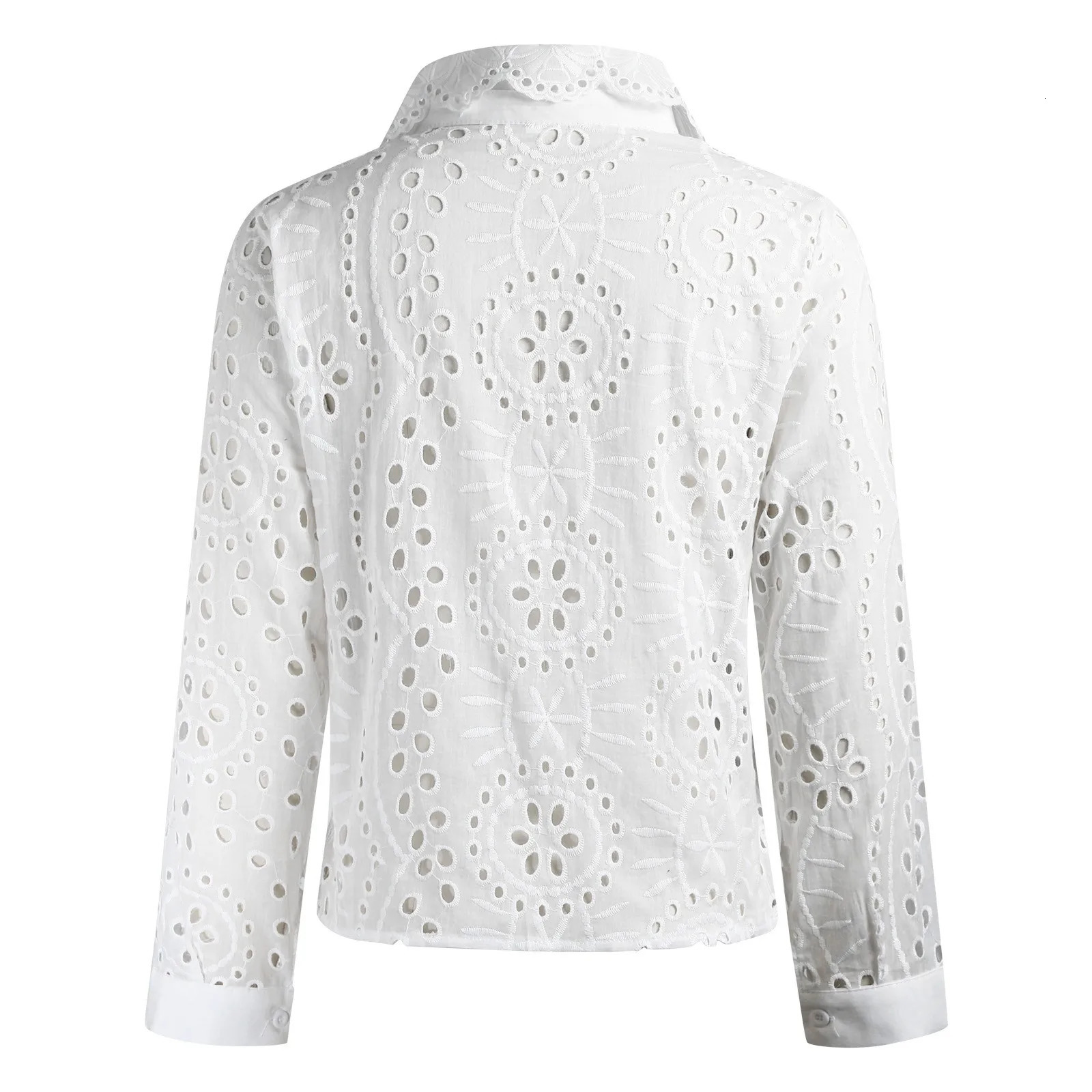 Elegant Eyelet Embroidered White Shirts: Crochet Lace Blouse Hollow Out Loose Top for Women