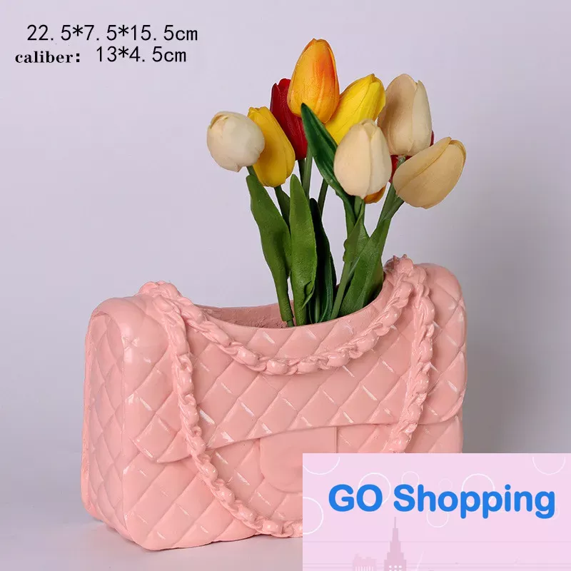 shape vase home tabletop decoration vase personalized solid color chain bag vase dry flower decoration basket decoration vase white black pink