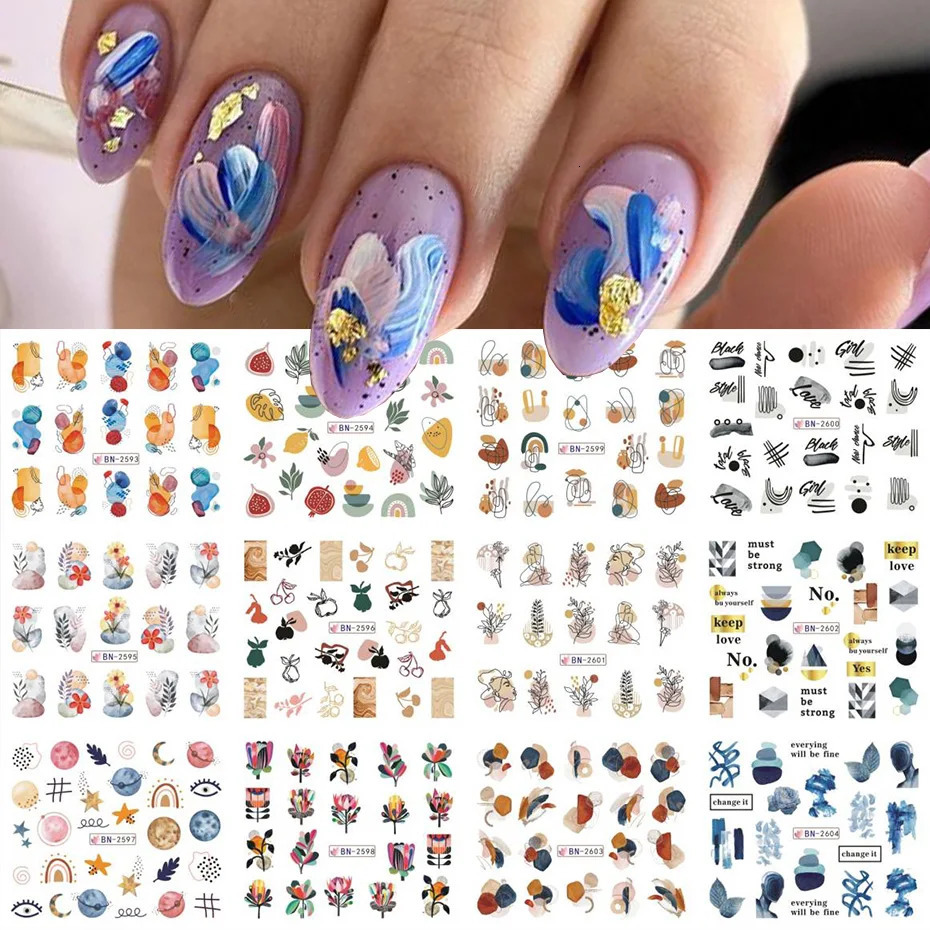 12 piece nail sticker set summer watercolor nail art ink flower leaf graffiti slider for nail decoration foil tattoo 240625