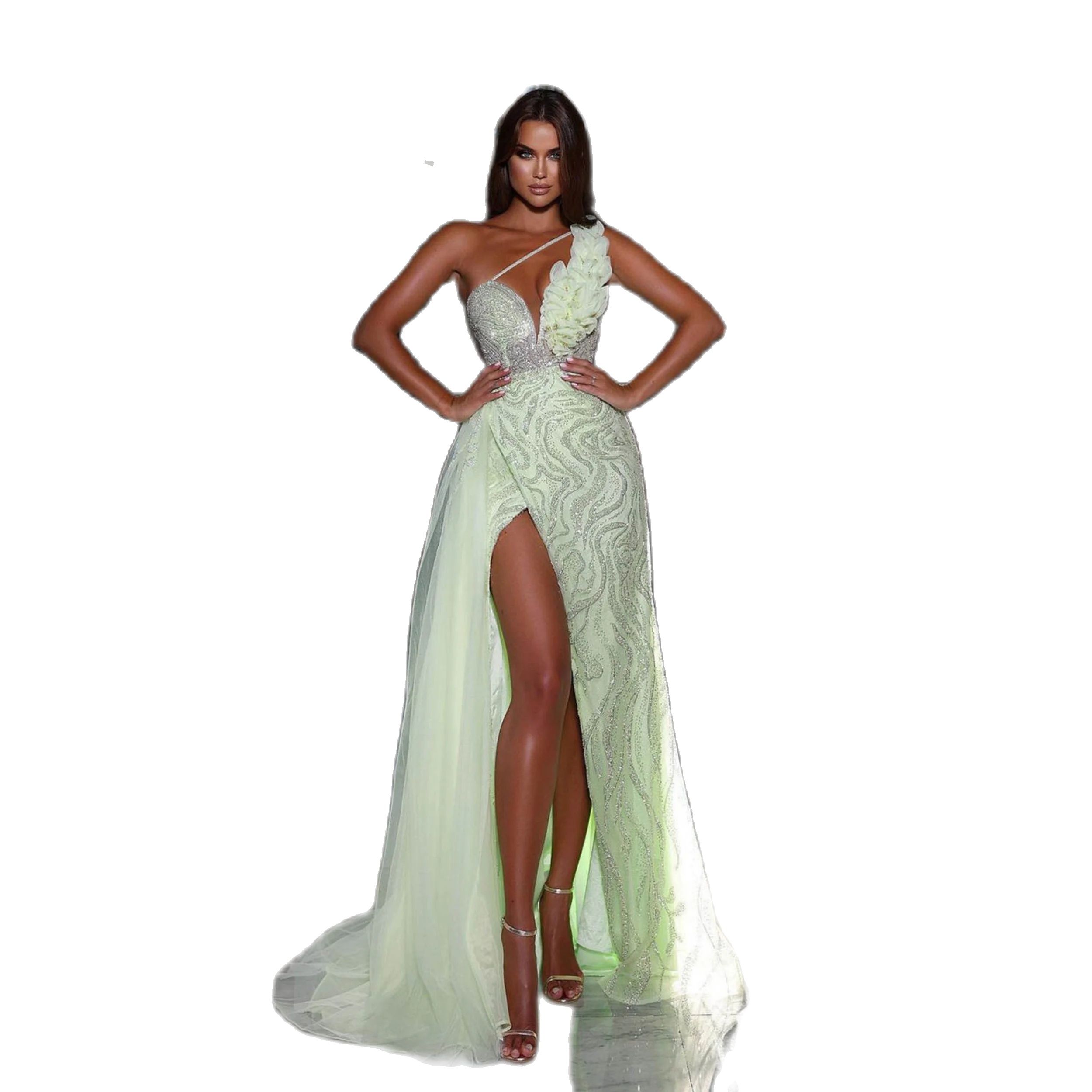 Ball Classic Gown Slim Fit Lace Prom Dress Women Evening Dresses Side Split Shine Sequined Beads Party Grown Vestidos De Novia Customized L