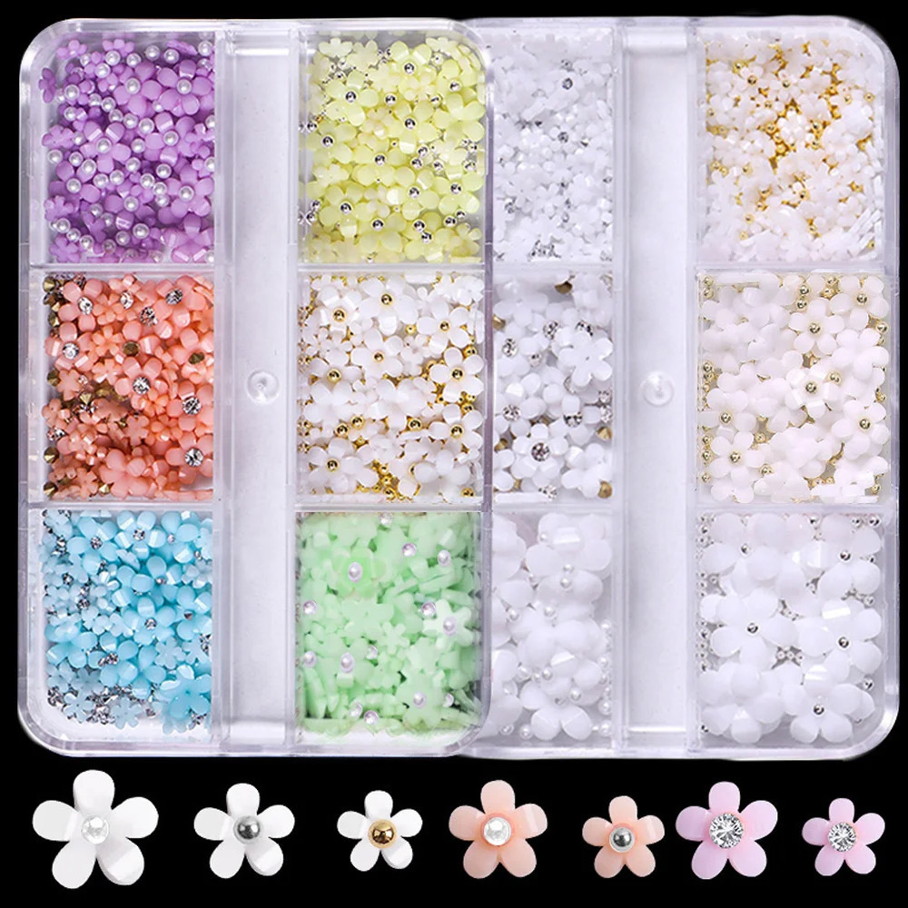 selling 6 grid Macaron 3D resin five petal nail art decoration mixed with small nail balls/crystals/flame accessories 240625