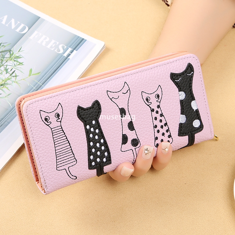 Fashionable women's designer temperament European and American cat cute cartoon embroidery thread lightweight and multifunctional zipper long wal