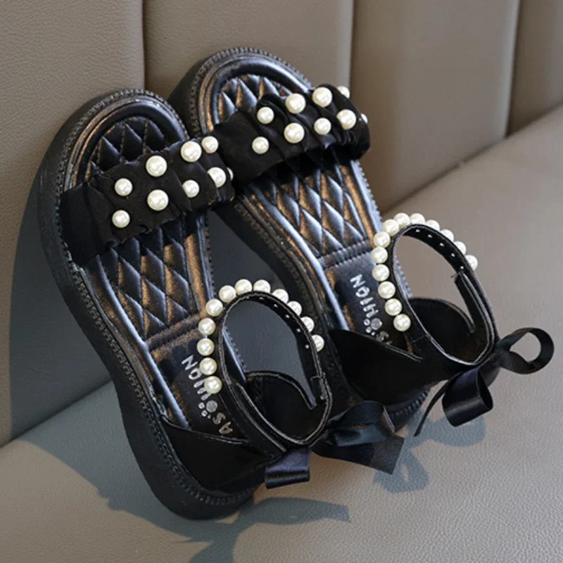 Girl Princess Dress Sandals Summer Chic Bowtie Children Causal Roman Sandals Fashion Pearl Ankle Strap Kid Open-toe Flat Sandals 240621