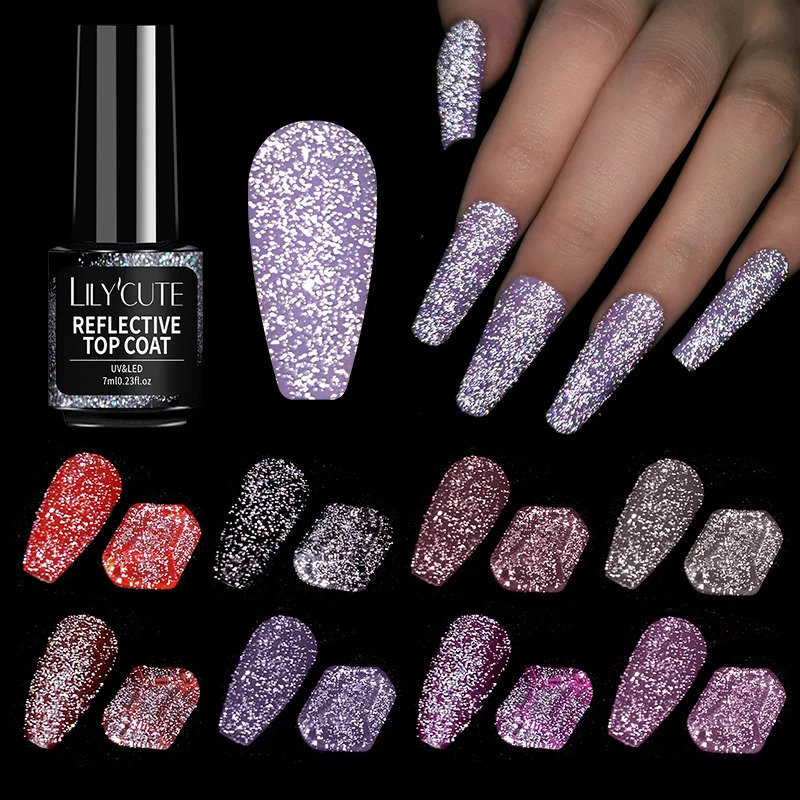 LILYCUTE Reflective Top Coat Gel Nail Polish Semi anent Shiny Sequins UV LED Varnish Nail Art Vernis Semi anent UV Gel 240625