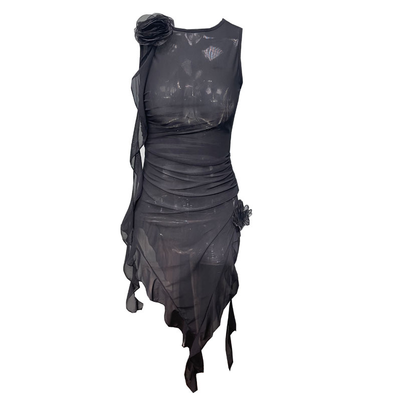 European and American women's sexy mesh irregular slim fit wrap buttocks sleeveless dress