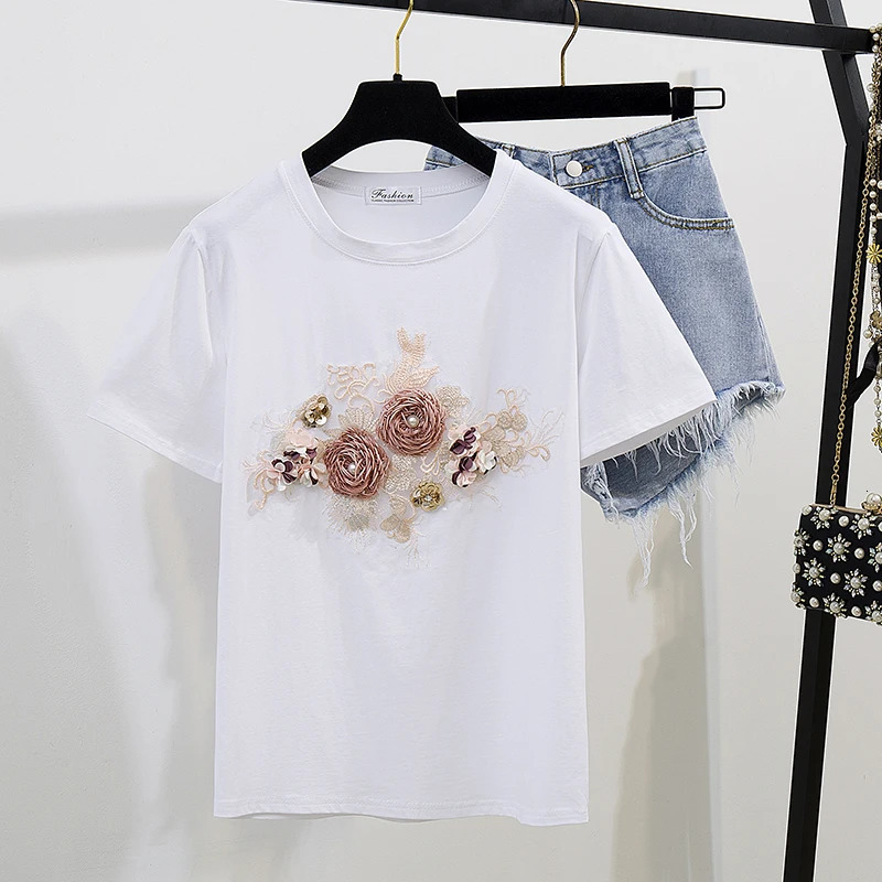 Fashion Cotton TShirt Tops Short Jeans 2 Pieces Sets Summer Womens Denim Pants Outfits 3D Flowers Beading Suits 240618