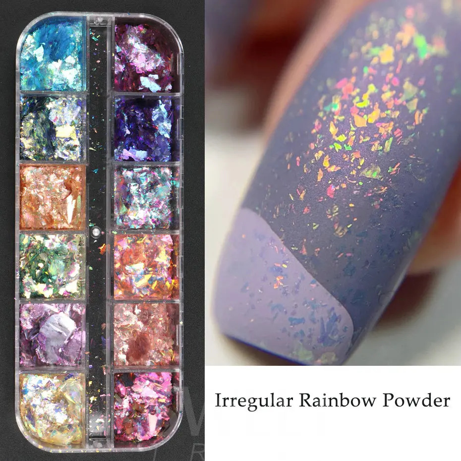 12Grid Aurora Ice Crystal Opal Powder Nail Glitter Iridescent Dust Charm Nail Flakes Slice Sparkly Brocade Sequin Manicure BEYFH 240625