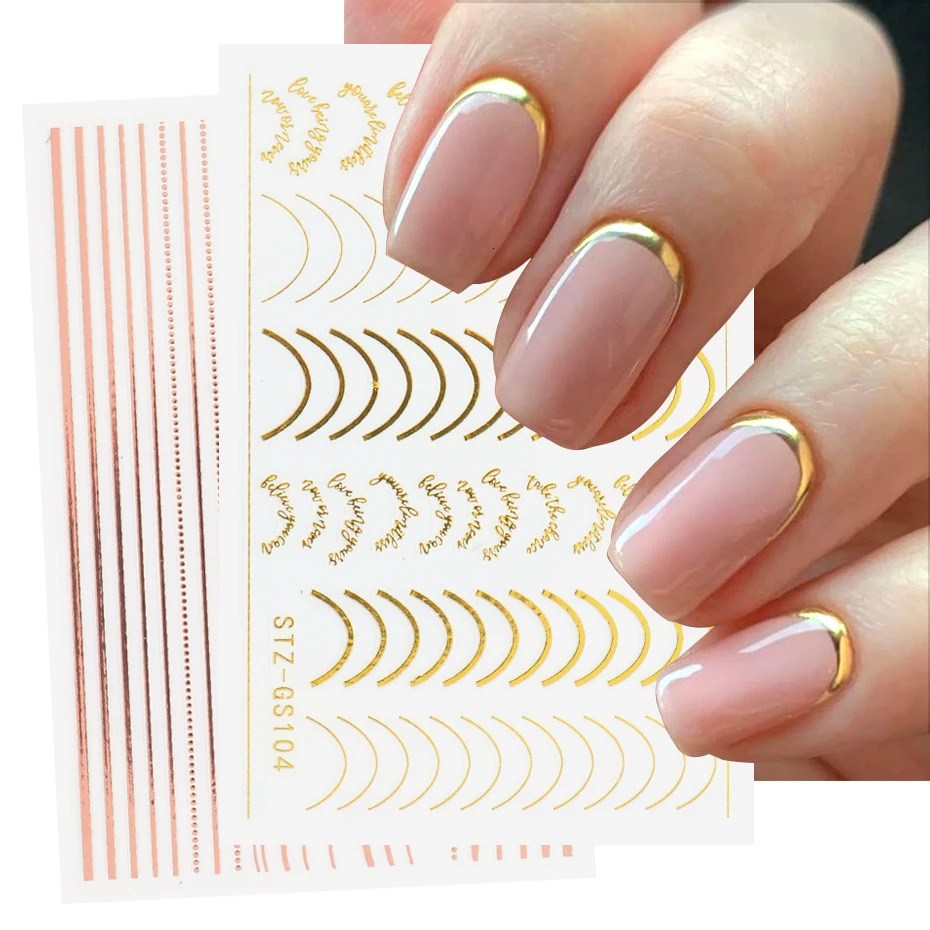 Three 3D simple line nail stickers Rose gold metal strip letter decal curve gel nail art slider polishing hand decorative foil 240625