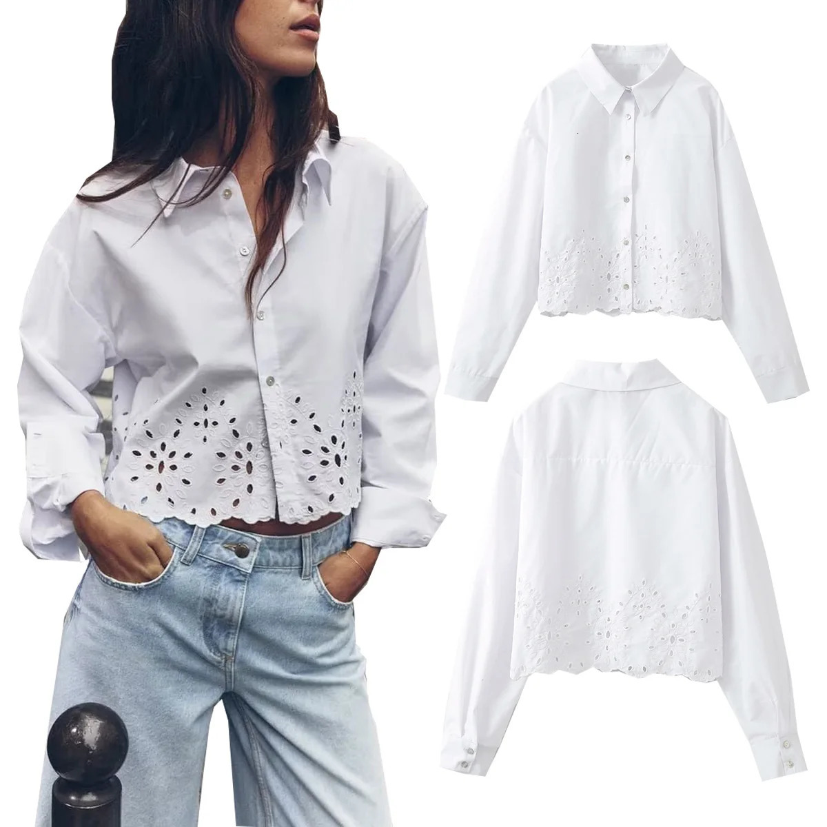Womens shirt with hollowed out embroidery fashionable and versatile short single breasted long sleeved top 240625