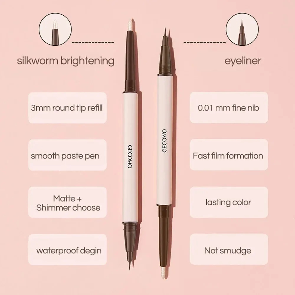 GECOMO Double-ended Lying Silkworm Pencil with 0.01mm Eyeliner Shimmer Eyeshadow Makeup 240626