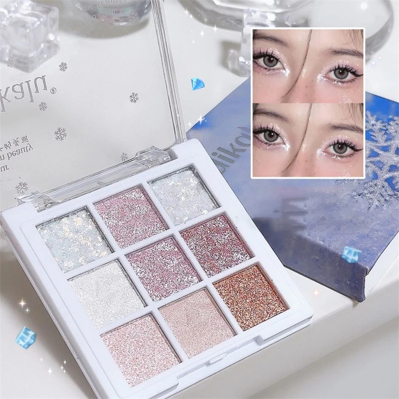 Snow Sequin 9-Color Eye Shadow Palette Glitter Snowflake Diamond White Eye Shadow Korean Charming Contour Eyes Make Up Palette 240625