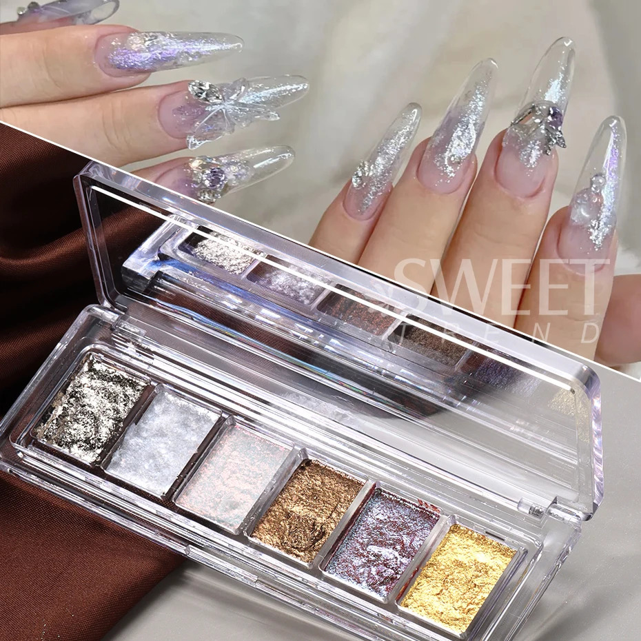 6 Colors Super Bright Bling Mud Solid Nails Pigment Fire Opal Crystal Chrome Glitter Powder Iridescent Rub Paste Manicure Decor 240625