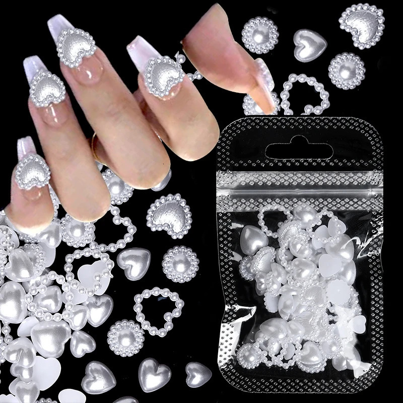 100 pieces/200 pieces mixed pearl nails Rhinestone 3D semi-circular pearl beads colored love star nails charming nail art DIY 240625