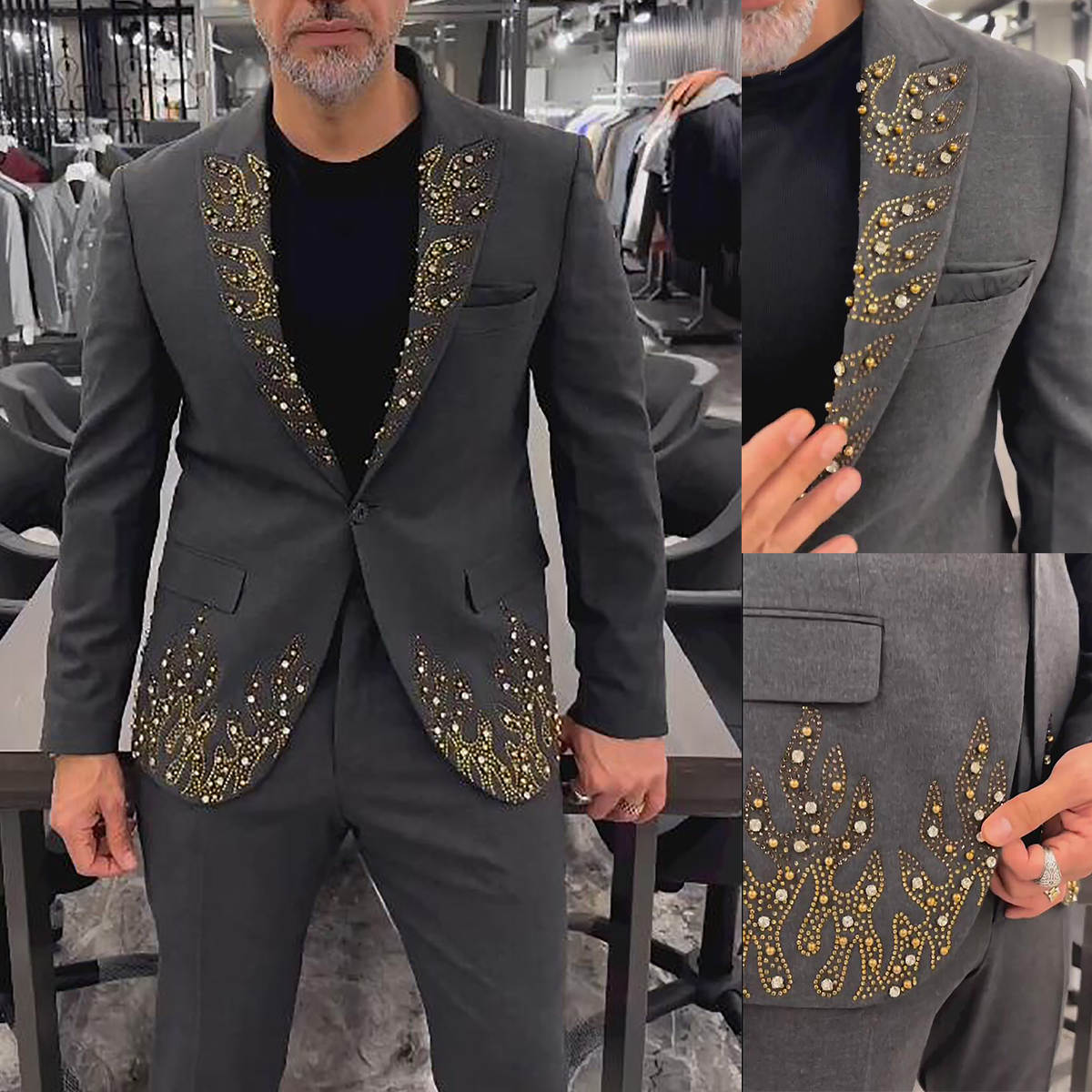 Mens Wedding Suit Tuxedo Peaked Lapel Blazer Groom Coat Pearls Rhinstone Evening Vintage Party Prom Custom Made Just One Jacket