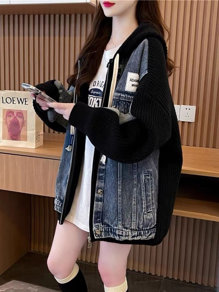 Denim Patchwork Hooded Sweater Women 2024 New Autumn Winter Korean Knitted Jacket Chic Jersey Cardigan Loose Clothes Outerwear H6.26#102