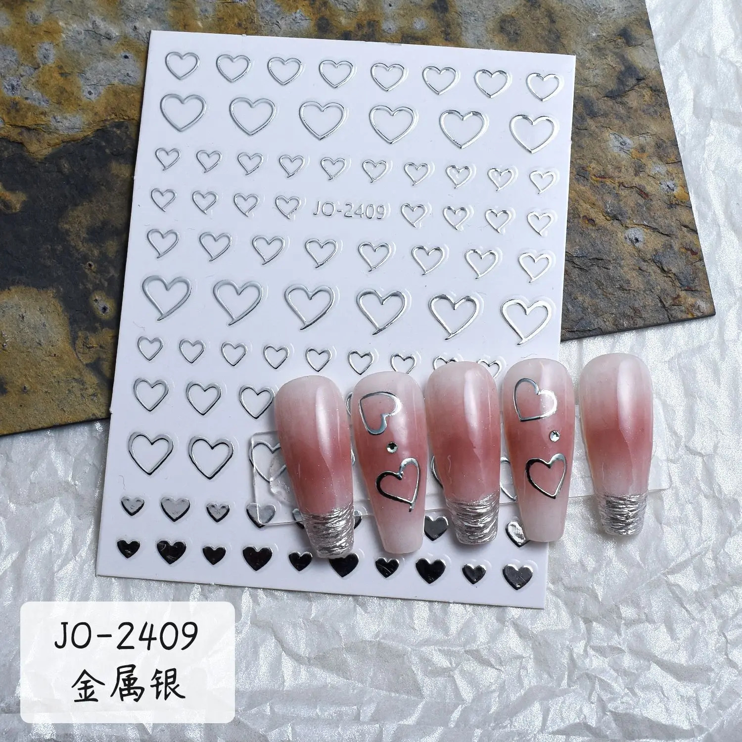 6 pieces/set of 3D silver metal mirror star shaped nail art stickers Y2K heart-shaped star and moon adhesive stickers240625