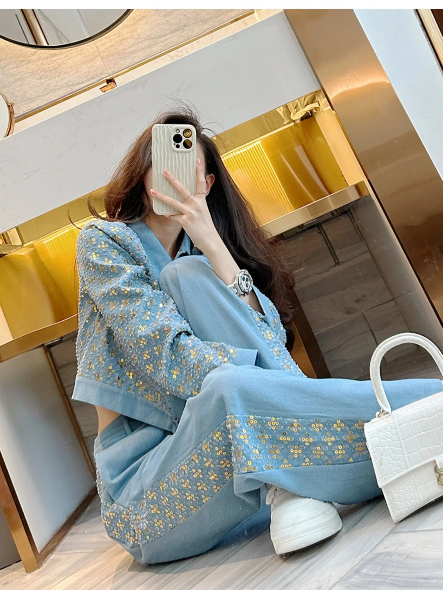 Korean 2 Piece Sets Womens Outfits Shiny Sequins Jean Coat Women Vintage Frayed Denim Jackets Patchwork Wide Leg Pant Sets 240618