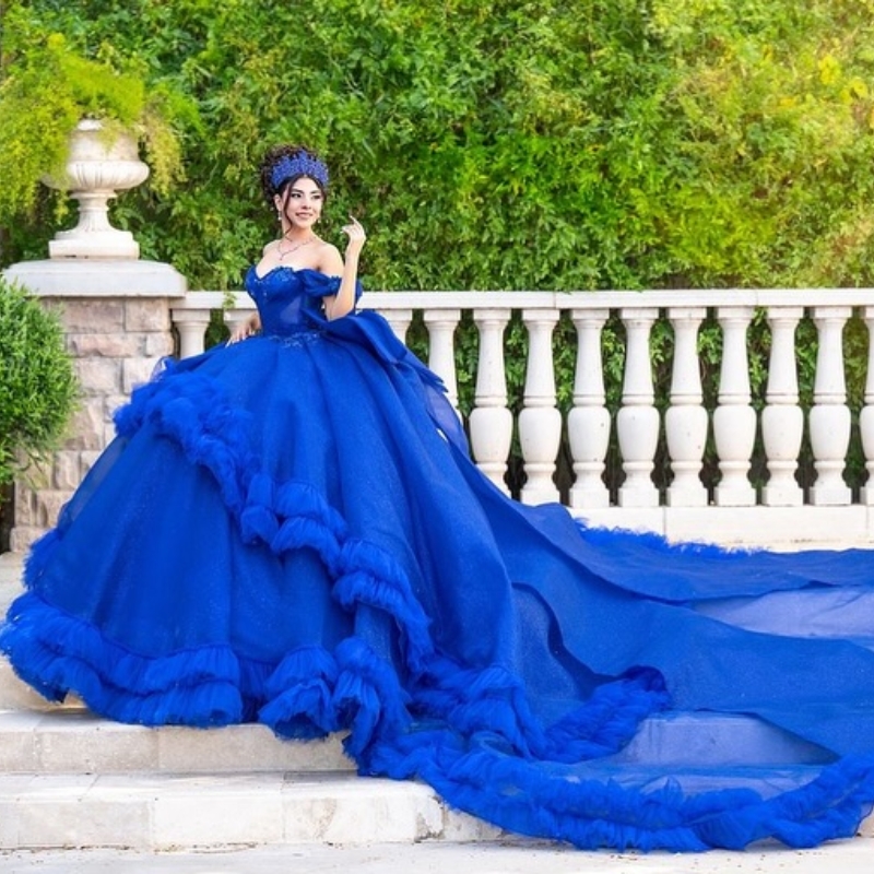 Royal Blue Shiny Ball Quinceanera Dresses Vestidos De 15 Anos Quinceaneras 2024 Tulle Ruffles Brithday Gown Sweet 16 Dress