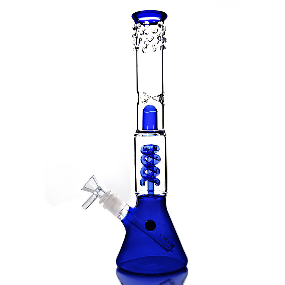 14.6inches Tall Glass Hookah Bongs with Coil Percolator Downstem Purple Blue Water Pipe Helix Coil Glass Bubbler Spiral Dab Rig 14mm Joint