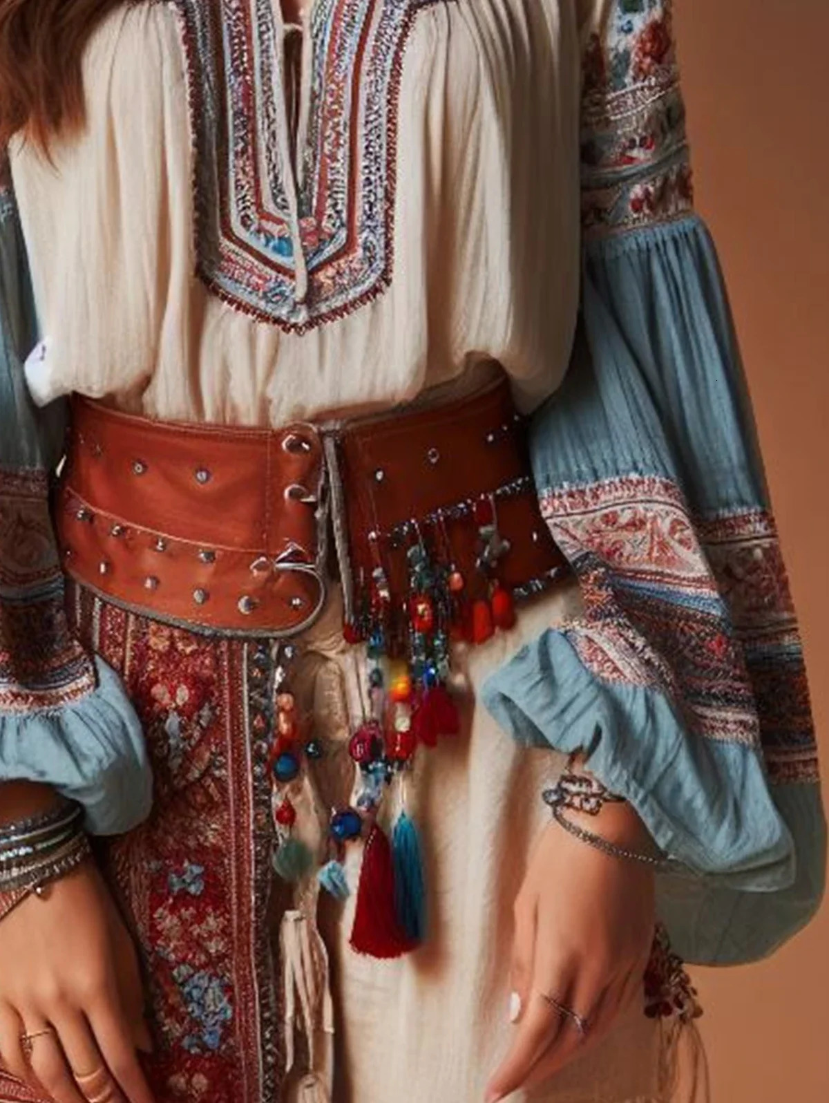 Lantern Sleeves Boho Blouse Floral Pattern Drawstring O Neck Hollow Ethnic Style Women Tops Spring Summer Autumn Chic Blouses 240626